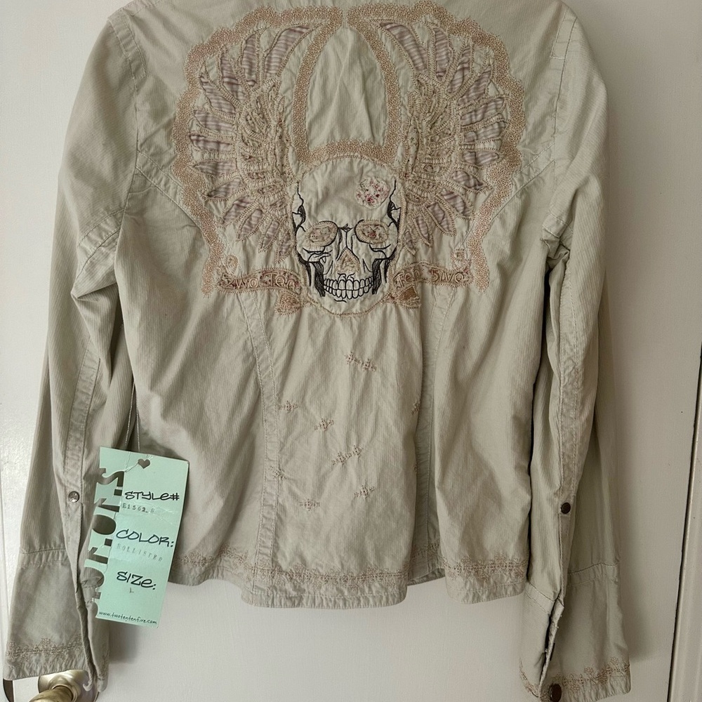 Johnny Was Cream Jacket with Embroidered Skull and Wings